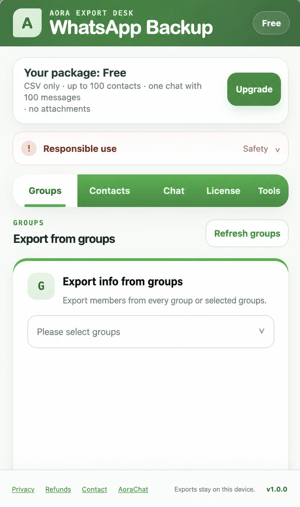 Aora WhatsApp Backup Groups export screen
