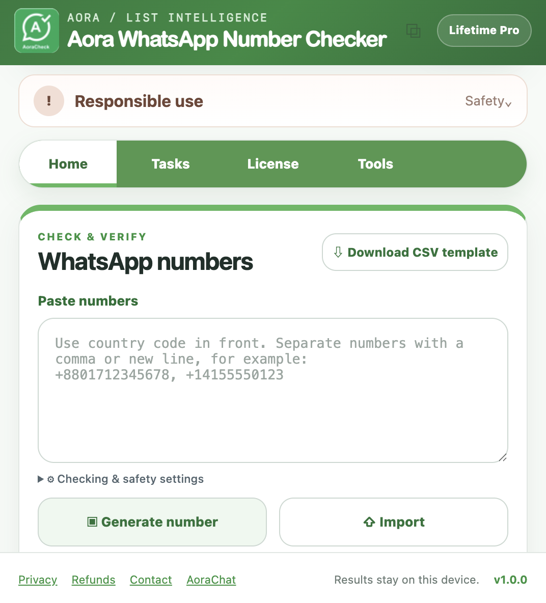Aora WAChecker home screen